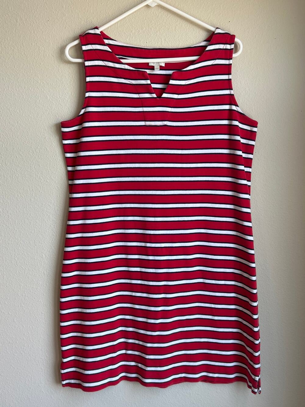 Talbots Red Navy White Striped Split Neck Sleeveless Cotton Shift Dress Large
